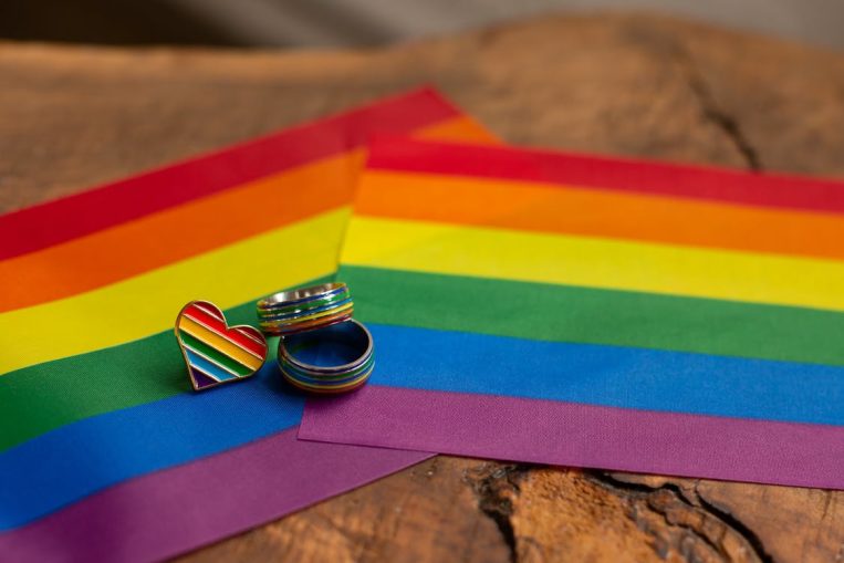 Close up of rainbow flags