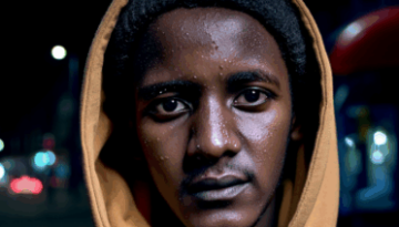 Alan looking pensive to camera with hood up a dark street