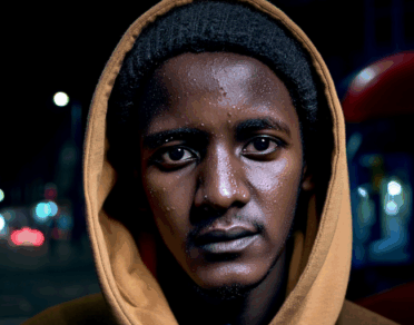 Alan looking pensive to camera with hood up a dark street