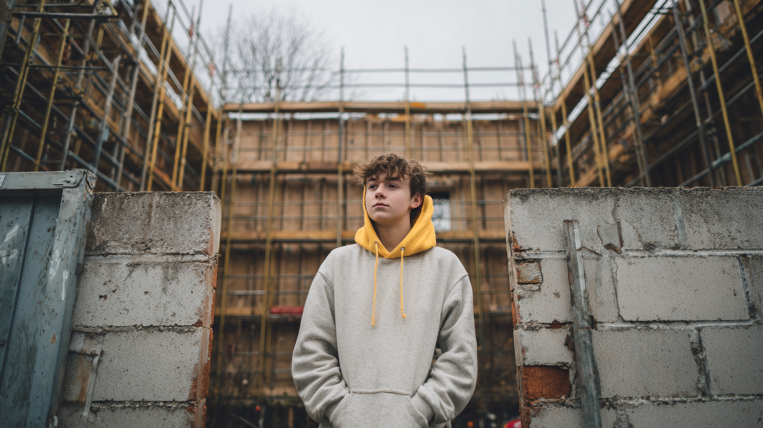 young person standing in front of scaffolding