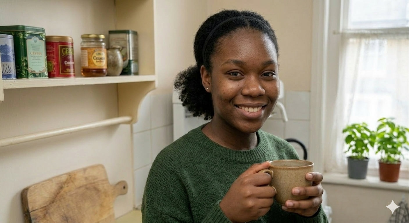 Abi is relaxing in her kitchen, smiling to camera and enjoying a cup of tea