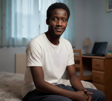 Alan sat on a bed
